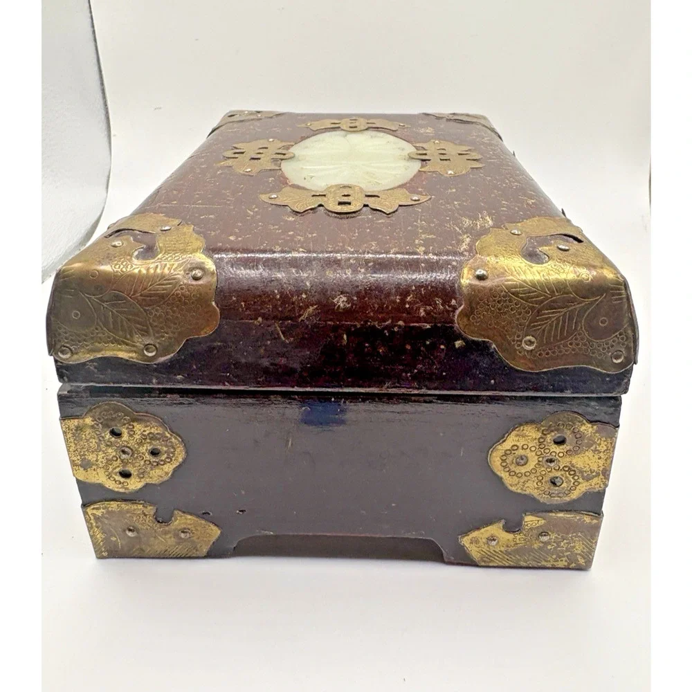 Vintage Chinese Jewelry Box Rosewood Jade Brass Fish Floral Details 6.5”x4”x3”